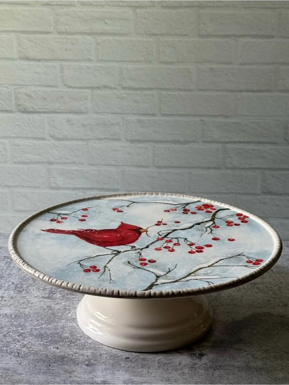 Cracker Barrel Red Cardinal Bird Cake Stand Winter Theme - Hard To Find